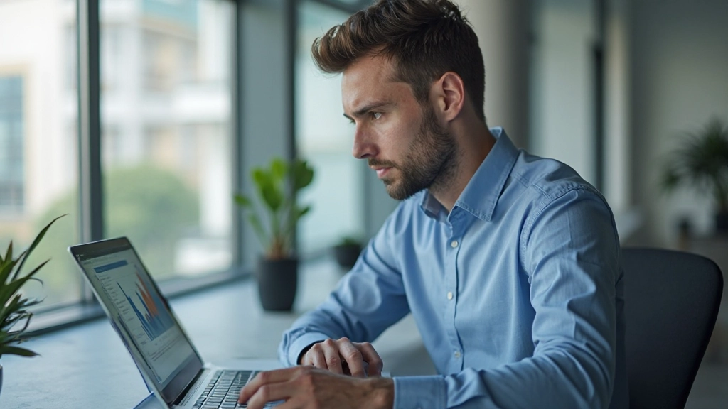 Аналитик работает с данными и графиками на рабочем месте