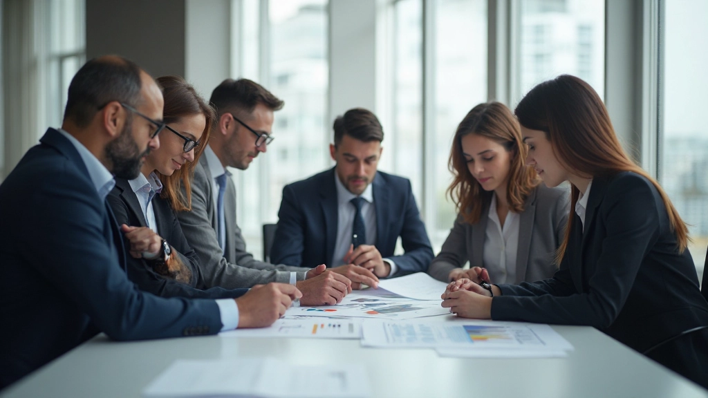 Профессиональная команда проводит стратегическое планирование за деловым столом с диаграммами и документами