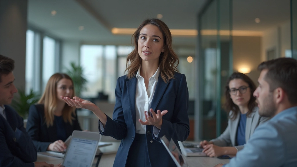 Менеджер проводит презентацию стратегического плана перед командой в современном офисе