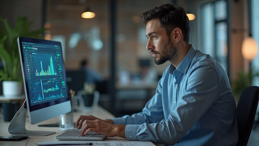 Аналитик рассматривает финансовые данные и графики роста на экране компьютера