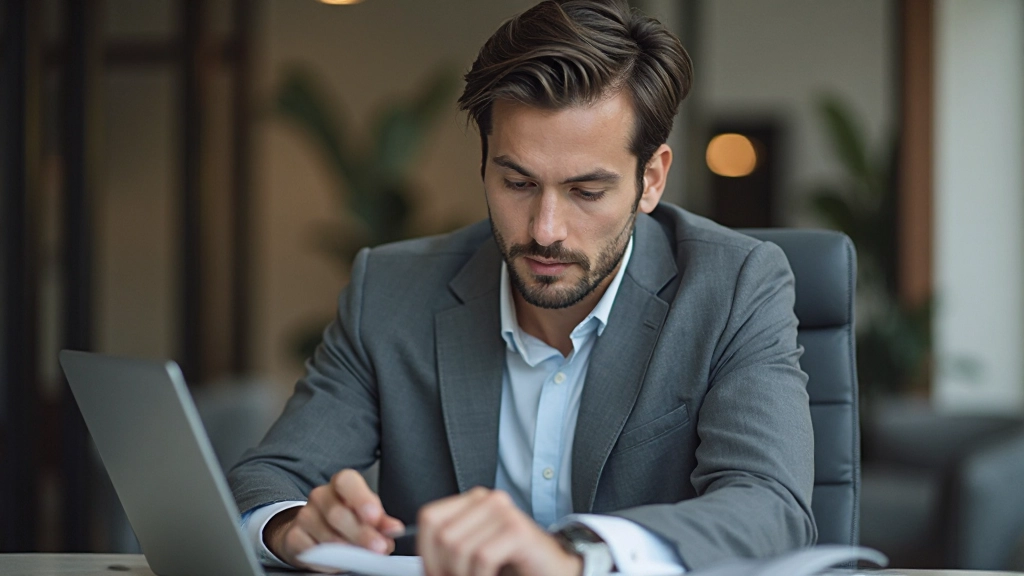 Male manager analyzing financial reports at modern desk with laptop