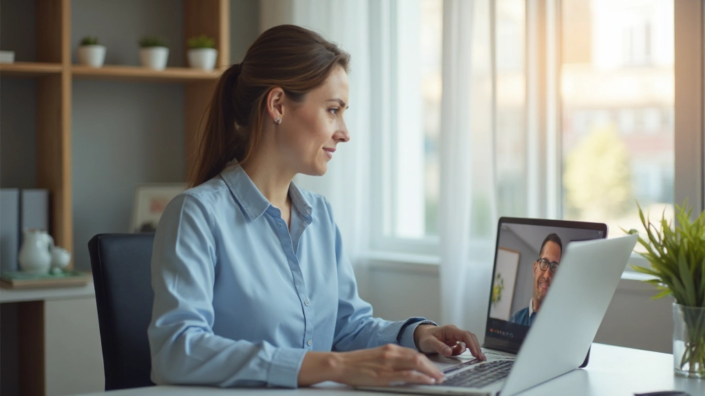 Профессионал проводит видеоконференцию на ноутбуке в современном офисе