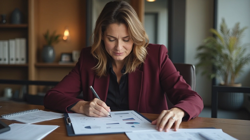 Профессиональная женщина рассматривает документ стратегического планирования за столом переговоров